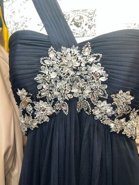 Embellished Navy One-Shoulder Evening Dress